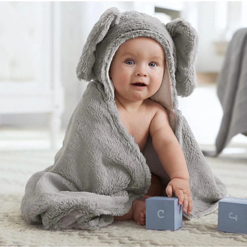 Pottery Barn Kids Elephant Faux Fur Hooded Baby Towel Gray Plush